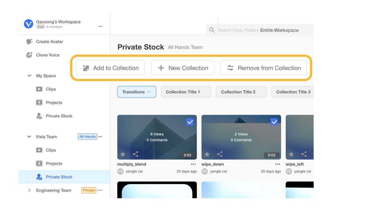 Private stock Collections UI showing grouped clips and the Add to Collection action